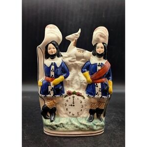 Antique Victorian Staffordshire Hunter Figures with Deer Clock 19th Century 8.75